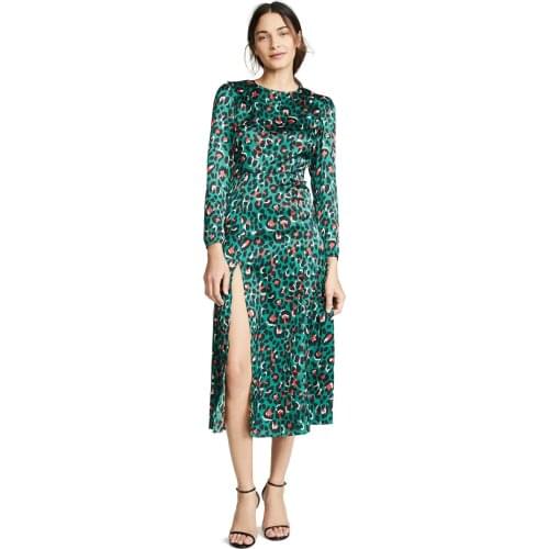 OUMEA Fashion Ladies Summer Green Leopard Open Back Long Sleeve Dress Party High Slit Women Maxi Dress Elegant Dress