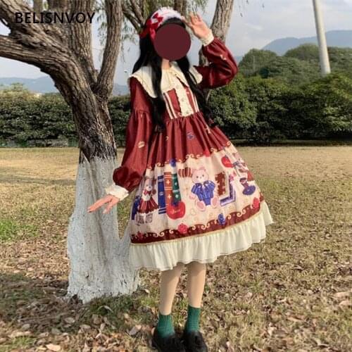 Japanese Sweet Princess Lolita Dress Women Vintage Bear Printed Kawaii Victorian Long Sleeve Party Dresses Cosplay Lolita Loli