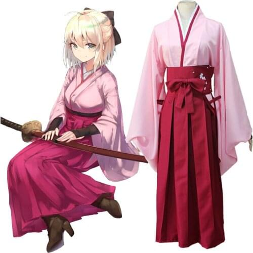Anime FGO Fate Grand Order Sakura Saber Okita Souji Kendo Uniform Cosplay Costume Full Set Kimono Halloween Outfit