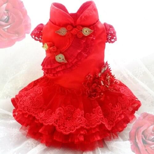 Free Shipping Handmade Amazing Red Dog Dress Golden Frog Lace Layer After Layer Bouffant Yarn Pet Clothes Evening Gown Yorkie