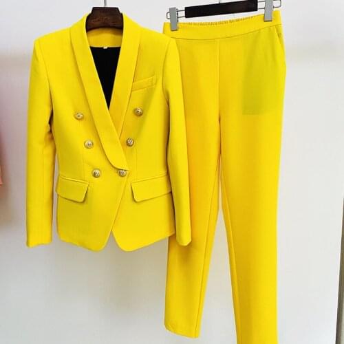 Free Shipping European And American Fashion Yellow Blazer Suit For Women Elegant Stylish Double Breasted Blazer And Cropped Pant