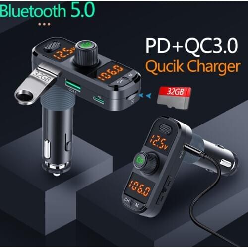 PD18W QC3.0 Quick Charger Car FM transmitter Bluetooth 5.0 Wireless In-Car MP3 Player U Disk Play TF music Audio Receiver