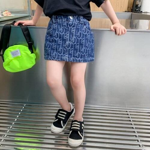 Kids Girls Blue Skirts Geometry Pattern Denim Skirt 2021 New Arrival Princess Jean Skirts European American Style Summer Clothes