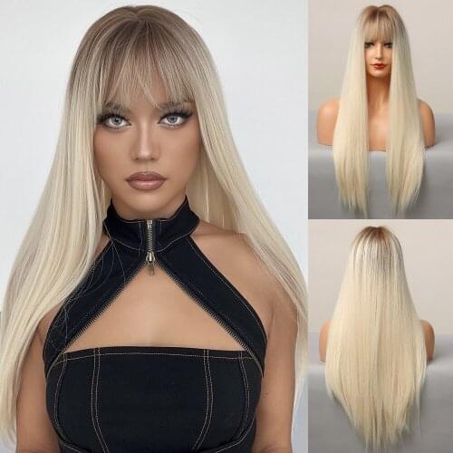 ALAN EATON Long Straight Ombre Brown Blonde White Synthetic Hair Wig with Bangs Cosplay Party Daily Wig for Women Heat Resistant