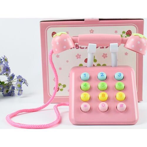 Baby Strawberry Simulation Wooden Phone Toy Children Educational Gift Miniature Telephone accessories Pretend Play toys
