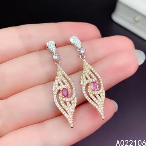 Fine Jewelry 925 Pure Silver Chinese Style Natural Pink Sapphire Girl Luxury Popular Gemstone Earrings Eardrop Support Detection