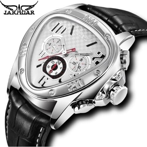 Jaragar Fashion Mechanical Mens Watches Top Brand Luxury Automatic Watch Triangle 3 Dial Display Genuine Leather Strap Clock