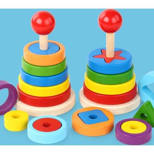 Wooden Rainbow Tower Wooden Building Blocks Sets Childrens 3D Puzzle Shape Educational Toys