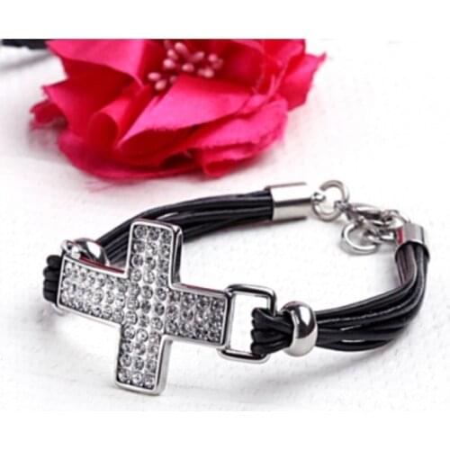Mens Wristband Bangle Cuff 316Ltainlessteel l sether fashion Jewelry AAAA+ rhinestone cross bracelet rock hiphop