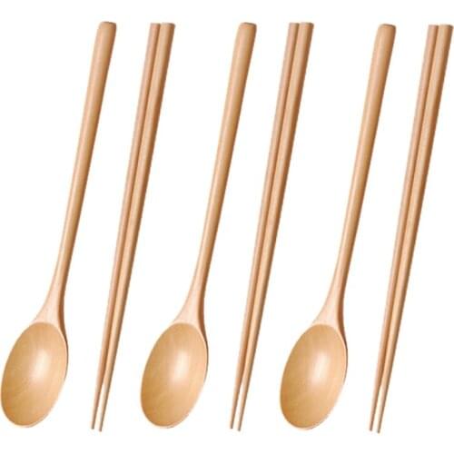 Wooden Spoons Chopsticks Set Kitchen Tableware Eco Friendly Natural Wood Dinner Utensil Set, 5 Spoons and 5 Chopsticks