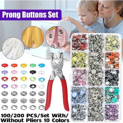 9.5/10mm 100/200Sets Metal Sewing Buttons Prong Ring Press Studs Snap Fasteners + Clip Pliers Sewing Tool DIY Clothes Decoration