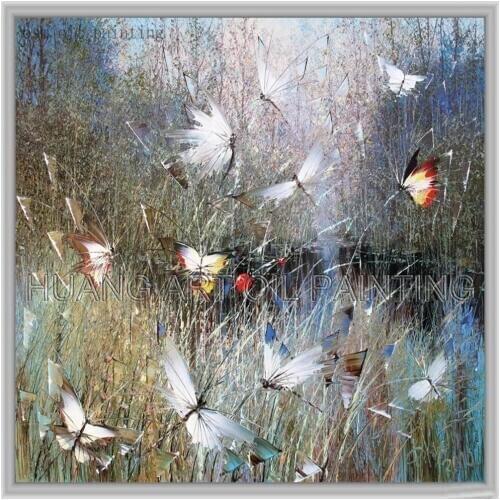 Original Oil Painting Hand Painted Abstract Colorful Butterfly Fly in the River Summer Landscape Oil Painting on Canvas