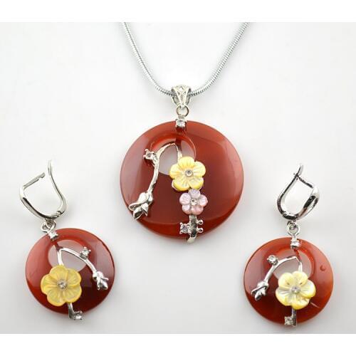 5pcs Chinese Traditional Plum Blossom Flower Pendant Necklace Natural Red Stone With Yellow Shell Beads Decoration