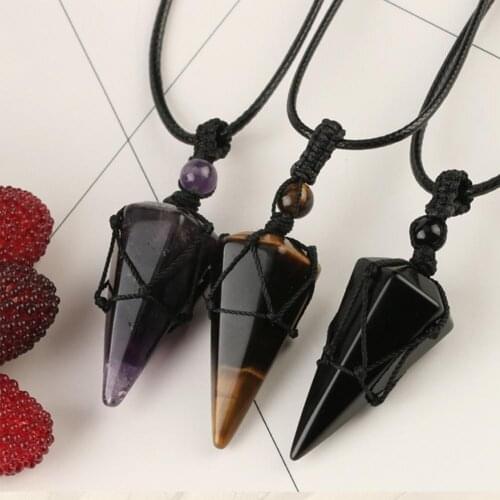 Necklace Hexagonal Prism Hand-woven Unisex Faux Crystal Black Rope Wrapped Pendant for Daily Wear