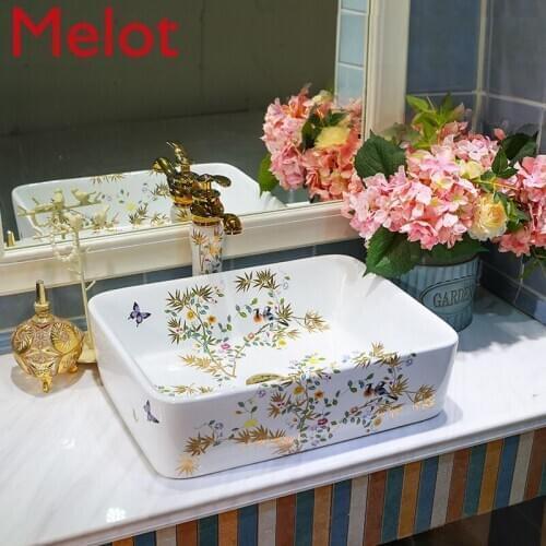 Rectangular Upper Basin Wash Basin European Style Wash Basin Golden Flower and Bird Bathroom Basin Ceramic Washbasin