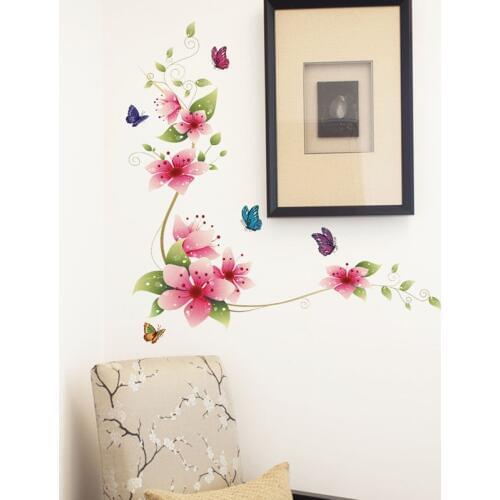Romantic Flowers and butterflies Wall Sticker Home Decoration bedroom Living room Background Mural art Decals poster stickers