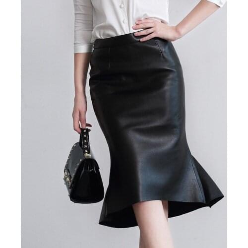 High Waist Genuine Mermaid Skirt Women Real Leather Office Lady Elegant Party Ruffle Slim Fit Midi Long Skirts Female