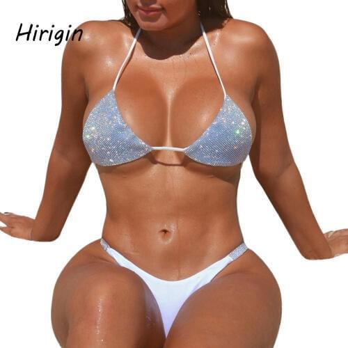 Sexy Women Brazilian Sequins Bandage Swimsuit Bikini Set Pink Glitter Push Up monokini high Waist Bathing Beachwear Swimwear