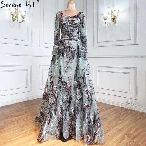 Serene Hill Grey Luxury Beaded Mermaid With Overskirt Evening Gown 2021 Modest For Muslim Women Formal Party Dress CLA71130