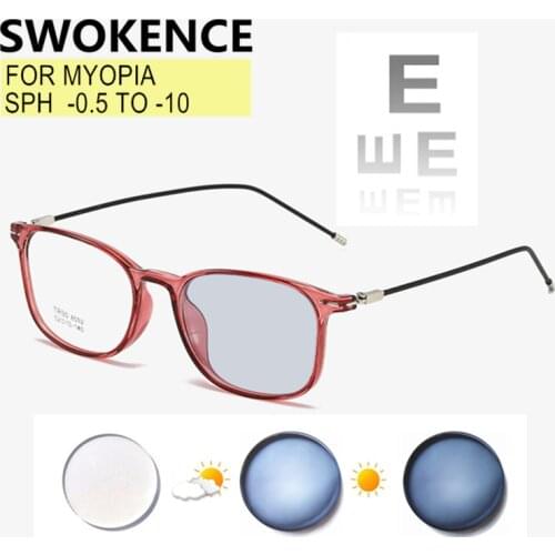SWOKENCE Photochromic Myopia Glasses Prescription -0.5 TO -10 Women Men Square Frame Nearsighted Astigmatism Anti Blue Ray F501