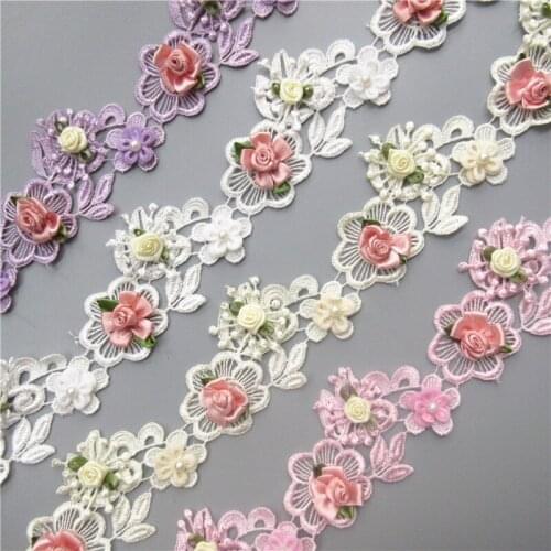 NEW Soluble Colorful Pearl Rose Flower Embroidered Lace Trim Ribbon Fabric Sewing Craft For Costume Wedding Dress Decoration