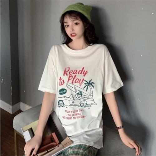 Female Korean Harajuku Cartoon Coconut Tree Letter Print Tshirt Womens T-shirts Tops Japanese Kawaii Ulzzang Clothes For Women
