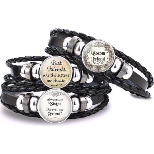 Best Friends Jewelry Quote Best Friends Are the Sisters We Choose Glass Dome Button Leather Woven Bracelet for Best Friends Gift