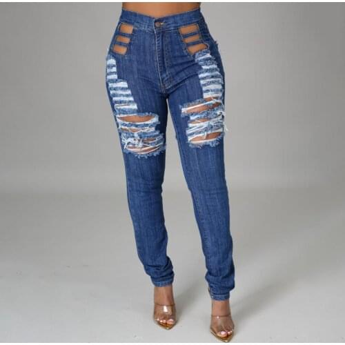 Women Jeans Ripped Hole Tassel Trousers Slim- Fit Solid Color Stretchy Denim Casual Long Pants Skinny Bodycon Stylish Trousers