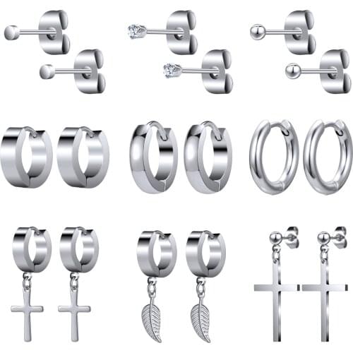 ZS 8/9Pairs/Lot Korean Dangle Drop Earring Set for Men Stainless Steel Stud Earrings Hip-Hop Hoop Round Earrings Helix Piercing