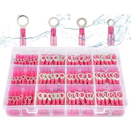 200pc Insulated Electrical Heat Shrink Ring Terminals Waterproof Cable Assortment Terminal for Crimp Wire Connectors AWG 18-22