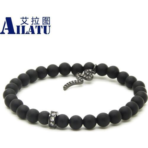 Ailatu 6mm High Grade Matte Stone with Micro Paved Clear Zircons Snake Spacer Beads Mens CZ Bracelets Animal Shape