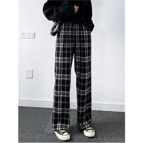 Vintage Plaid Pants Women High Waist Plus Size Wide Leg Casual Female Trousers 2021 Fashion Joggers Clothes Streetwear