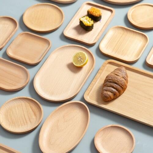 Beech Solid Wood Dessert Plate Fruit Bread Wooden Dishes Rectangle Round Saucer Tea Tray Storage Pallet Plate Tableware