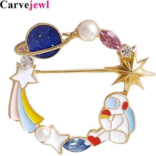 Carvejewl Colorful Round starburst Astronaut Brooch Cartoon Space Enamel comet Pins Badge women girl Jewelry Gift Drop shipping