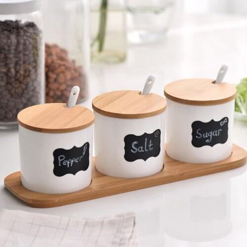 Creative Ceramic Spice Bottles with Lid and Spoon Porcelain Salt Sugar Seasoning Storage Jars with Bamboo Tray Kitchen Supplies