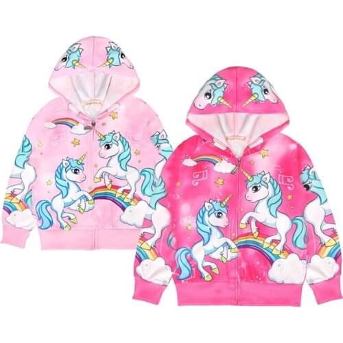 Baby Girls Jacket Cartoon Unicorn 3D Digital Printing Autumn Children Clothes Hooded Zipper Coat Birthday Present Kids Fashion