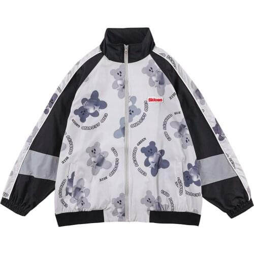 Jacket Men Color Block Patchwork Cartoon Letter Printed Hip Hop Windbreaker Autumn Loose High Street Track Jacket Coats