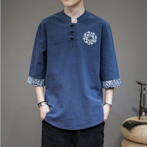Summer Chinese Style Hanfu Men Short Sleeve Cotton T-Shirt Kung Fu Tai Chi Tee Tops Zen Tea Art Qipao Shirt Casual Blouse 30401