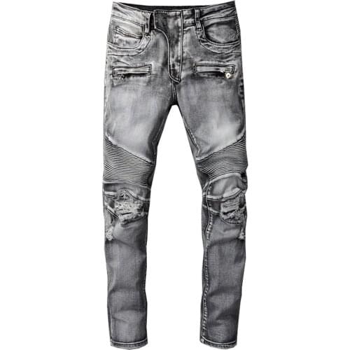 Mens Biker Jeans Holes Ripped Gray Stretch Denim Pants Streetwear Slim Fit Pleated Destroyed Trousers