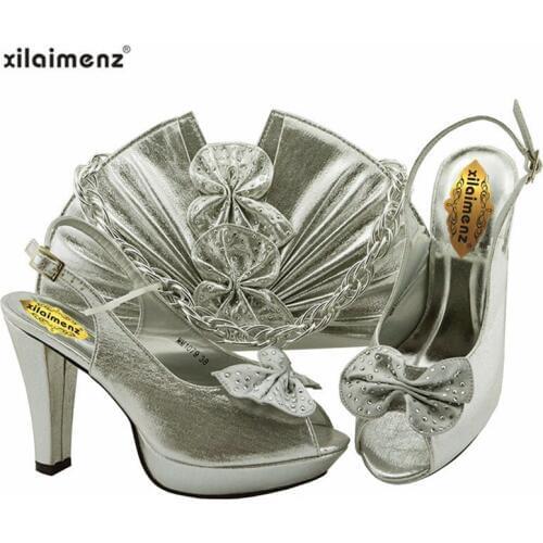New Silver Matching Shoes and Bag Set In Heels Matching Shoes and Bag Set for African Party African Shoes and Bag Set for Women