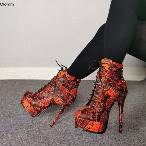 Olomm New Fashion Women Platform Ankle Boots Stiletto High Heels Boots Round Toe Gorgeous Red Club Shoes Women Plus US Size 5-15