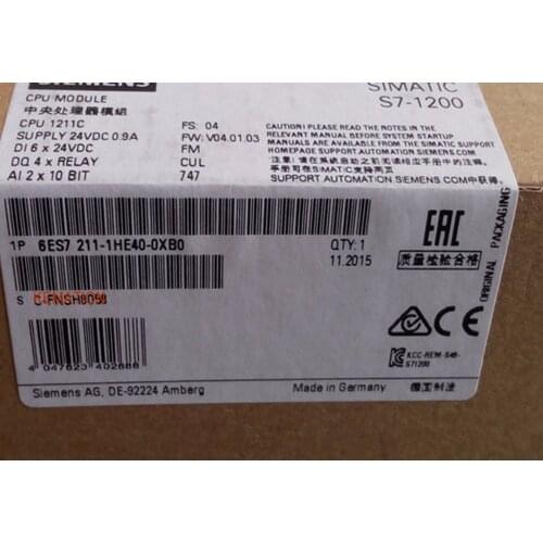 Original Simatic 6ES7211-1HE40-0XB0 S7-1200 Compact CPU 6ES7 211-1HE40-0XB0 DC/DC/relay 6 DI 24 V DC