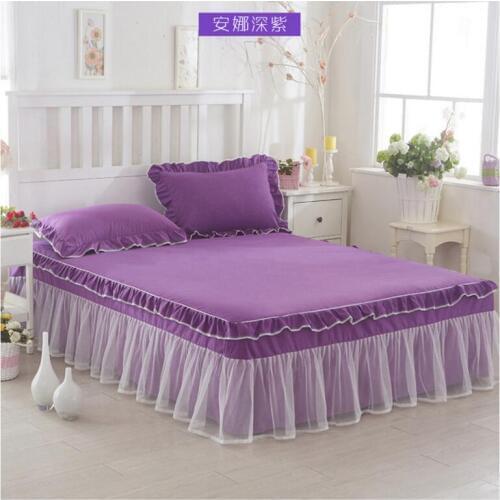 Korea Style Bedding Bed Skirt 1/3pc Purple Lace Ruffles Bedspread Solid Color Mattress Cover Fitted sheet Pillowcases 1.8/2.0 M