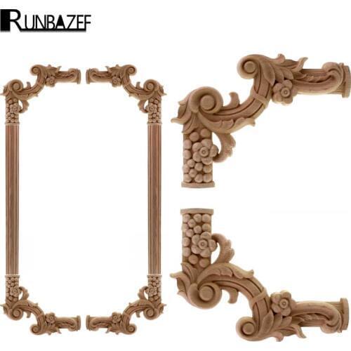RUNBAZEF Vintage Unpainted Wood Carved Decal Corner Applique Frame For Home Furniture Wall Cabinet Door Decorative Wooden Craft