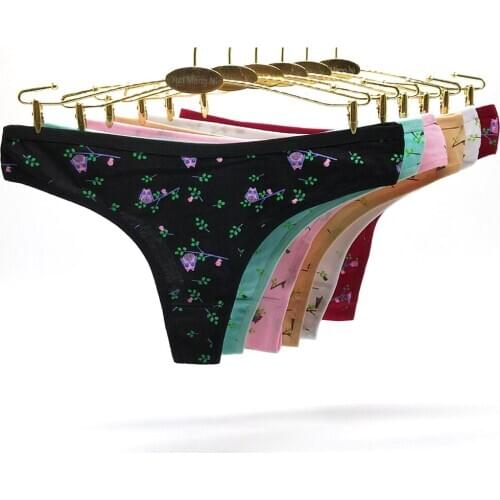 6 Pcs/Lot Womens G String Sexy Lingerie Femme Black Pink Low Waist Printed Thong Panties Cotton Underwear Female Free Shipping