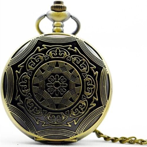 Vintage Bronze Hollow Mechanical Pocket Watch Men Skeleton Carving Steampunk Fob Hand Watch With Chain Necklace Women Men Gift
