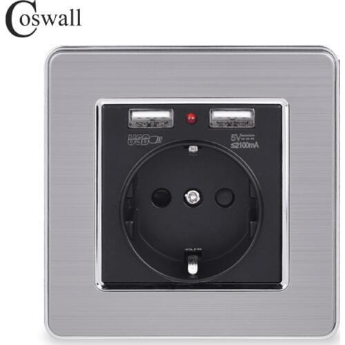 Coswall Dual USB Charging Port 5V 2.1A Wall Charger LED Indicator EU Socket Stainless Steel Panel Black White Gold Grey