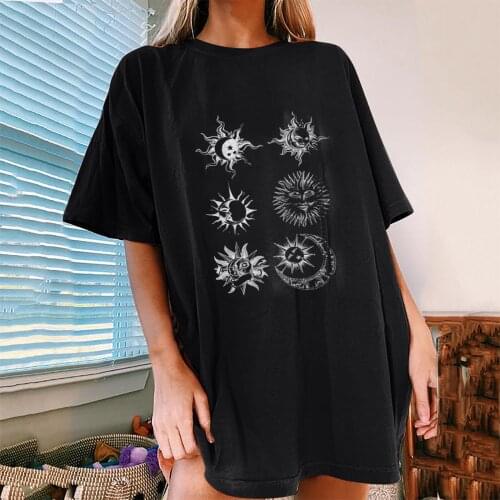 Womens Vintage Sun And Moon Printed Tshirt Pattern Casual Short Sleeve Tops High Street Tshirt Camiseta Mujer Verano #G3