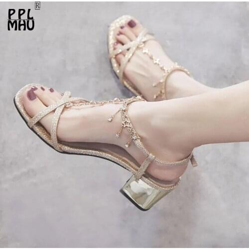 Golden Rhinestones Bling Hollow Out Women Heels Sandals Sweet Buckle Strap Open Toes Wedding Shoes Summer Non-Slip Party Shoes