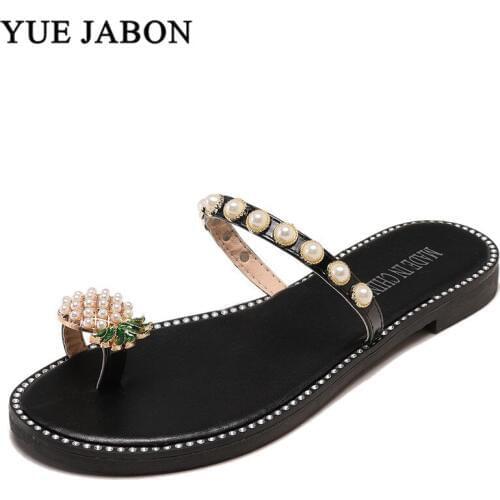 Size 35-40 2019 New Sweet Summer Female Slippers Women Round Toes Flat Heels Shoes Woman Pearl Decoration Outside Slippers